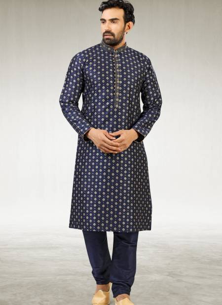 Dark Blue Colour Outluk New Latest Design Jacquard Silk Brocade Party Wear Kurta Pajama Mens Collection 1224-1040
